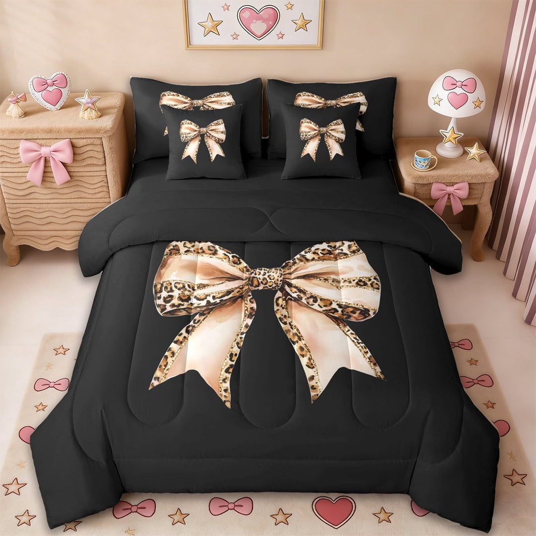 Erosebridal Fashion Leopard Printed 7-Piece Twin Bedding Sets,Brown Cheetah Pattern Bowknot Bedding Comforter Set For Kids,Reversible black