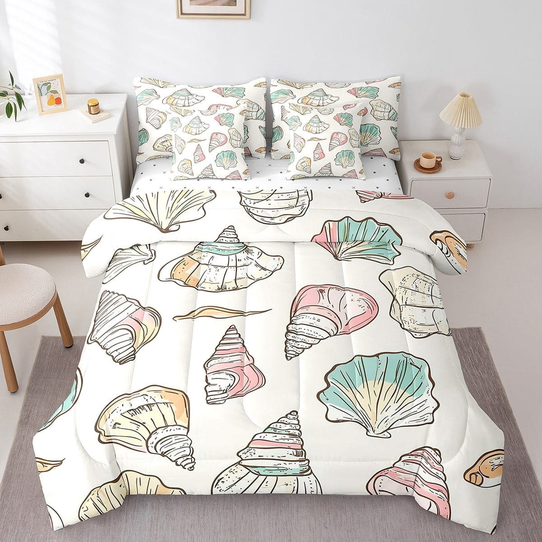 Erosebridal Watercolor Sea Shell Conch Bedding King Size, Coastal Beach Theme Comforter Sets with Sheets, Reversible 7-Piece