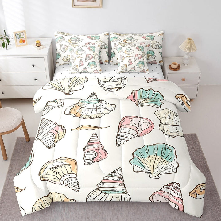 Erosebridal Watercolor Sea Shell Conch Bedding King Size, Coastal Beach Theme Comforter Sets with Sheets, Reversible 7-Piece