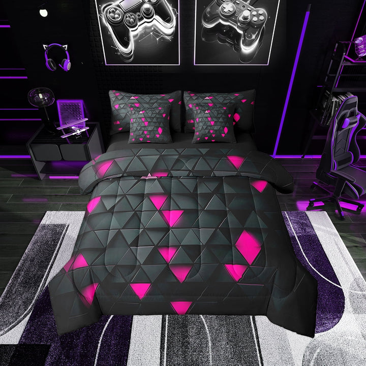 Erosebridal Pink and Black Comforter Set With Sheets7 piece Triangle Bedding Set Twin Size Geometric Bed in a Bag Modern Bed Set with Comforter,Sheets,Pillowcases