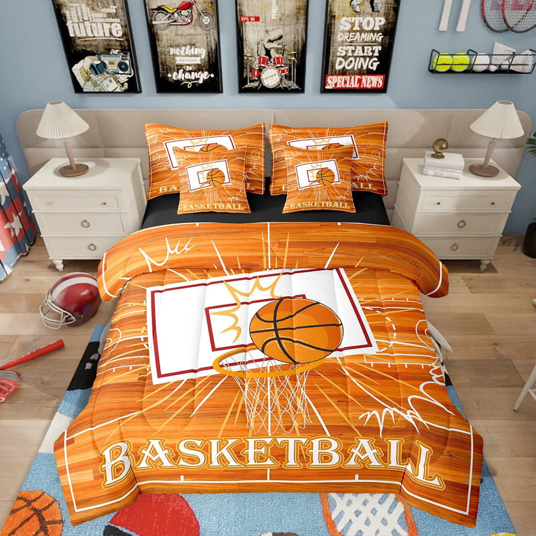 Erosebridal Basketball Bed In A Bag Queen Size Sports Games Comforter 7 Pieces Goal From Hoop Bedding Set Kids Boys Teens Brown Wooden Board Flat Sheet
