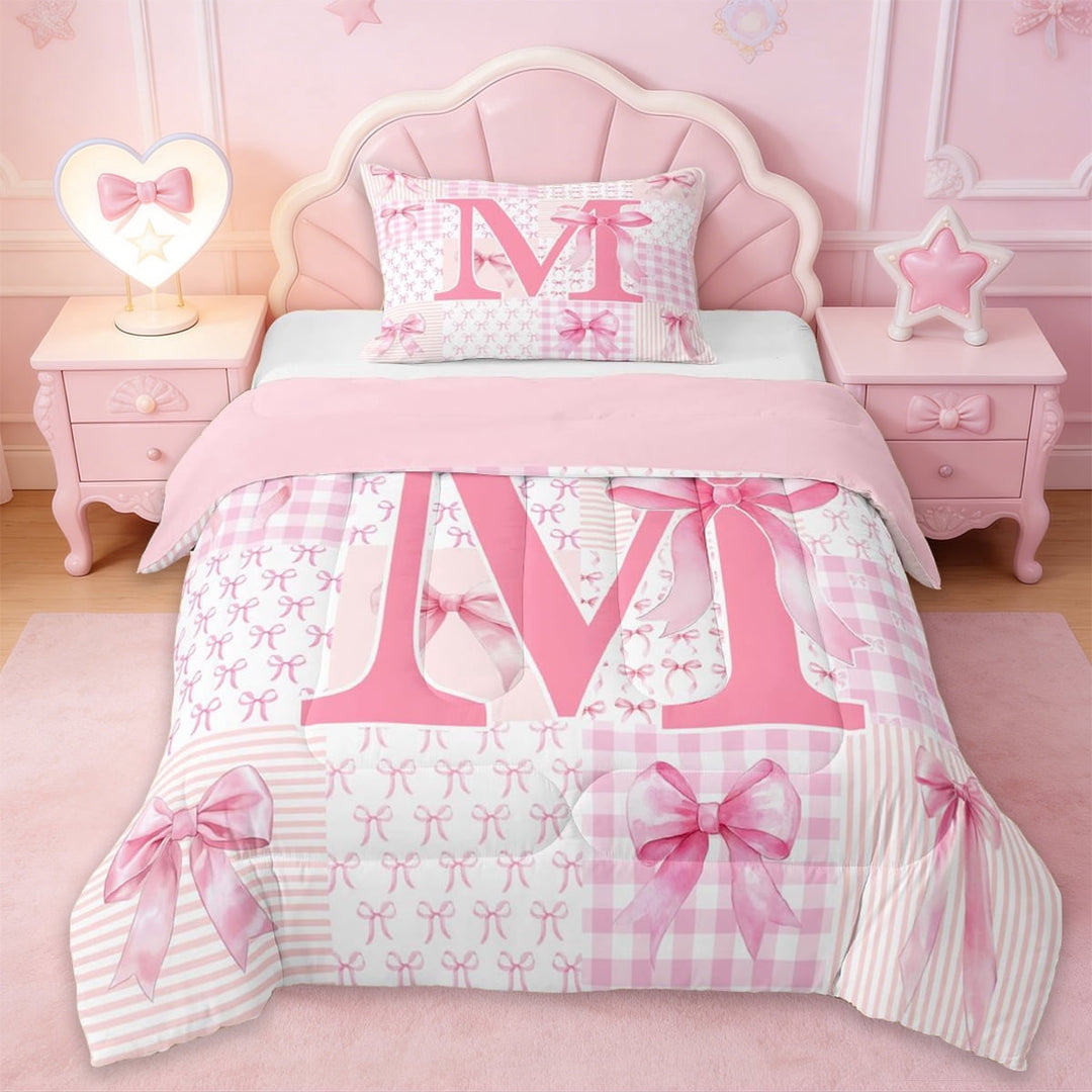Erosebridal Pink Princess Bowknot Kids Twin Comforter Sets,Bowtie Theme Initial M Alphabet Bedding Set For Girls,Pink Reversible,2-Piece
