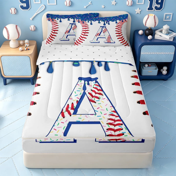 meiyoeat Ice Cream Drip Monogram A Zipper Full Size Comforter Sets with Fitted Sheet and 2 Pillowcases,Abstract Baseball Print Zipper Bedding Set For Boys,Reversible,4pcs