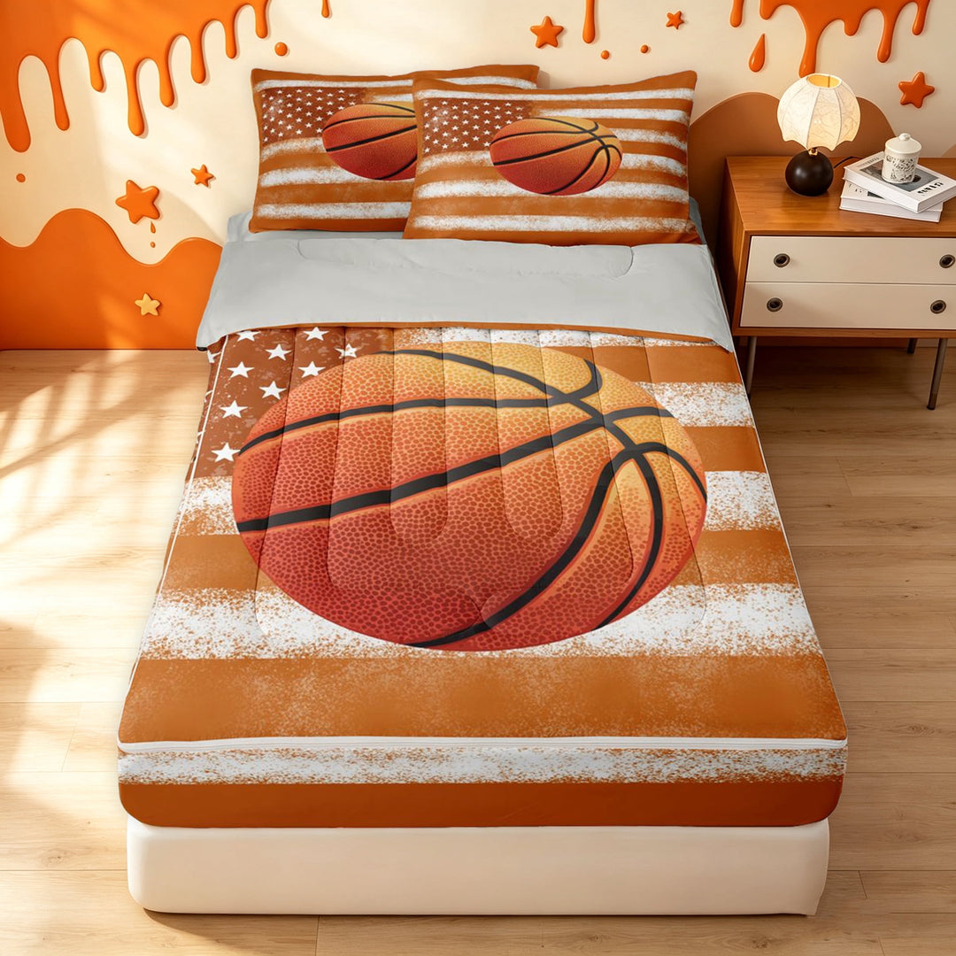 meiyoeat Retro Orange Basketball Zipper Twin Comforter Sets with Fitted Sheet and 2 Pillowcases for Boys, US Flag Graffiti Art Zipper Bedding Set, Grey Reversible, 4-Piece