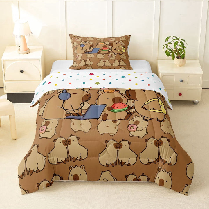 Erosebridal Brown Capybara Twin Comforter Sets 3-Piece For Child Boys Girls,Kids Kawaii Animal Bedding Set,Breathable Home Decor