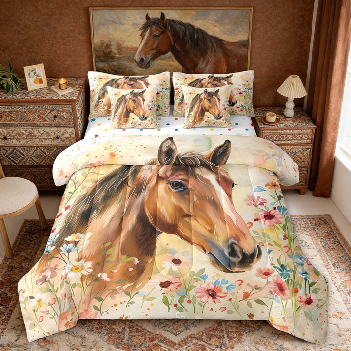 Erosebridal Watercolor Horse Twin Bedding Sets, Colorful Garden Floral Bedding Comforter Set