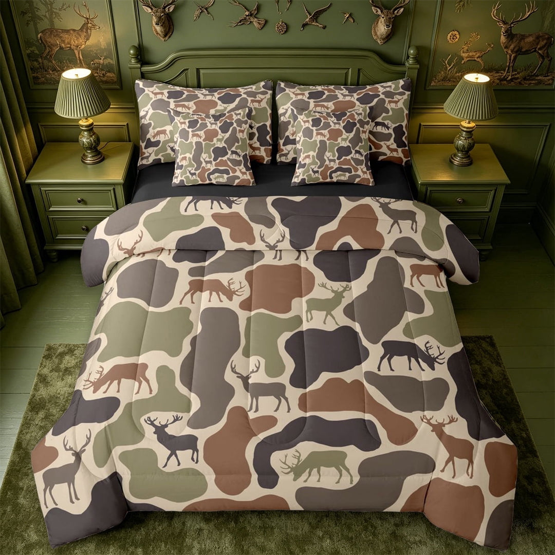 meiyoeat Rustic Camo Deer 7-Piece King Bedding,Jungle Animal Camouflage Silhouette King Bed in a Bag For Men Women, Brown Beige,Black Reversible