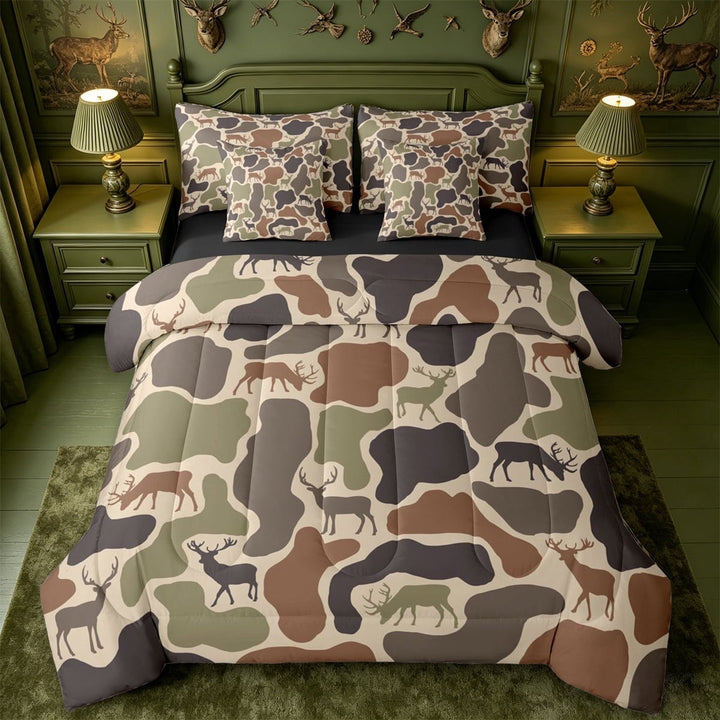 meiyoeat Rustic Camo Deer 7-Piece King Bedding,Jungle Animal Camouflage Silhouette King Bed in a Bag For Men Women, Brown Beige,Black Reversible