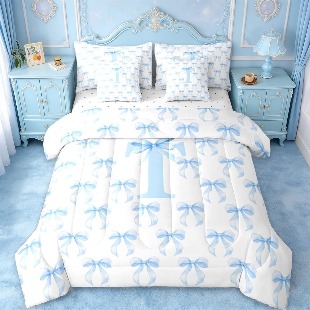 Erosebridal Blue Fashion Bowknot 7-Piece Twin Bedding Sets For Kids Girls,Letter T Initial Lettering Bedding Comforter Set,Reversible