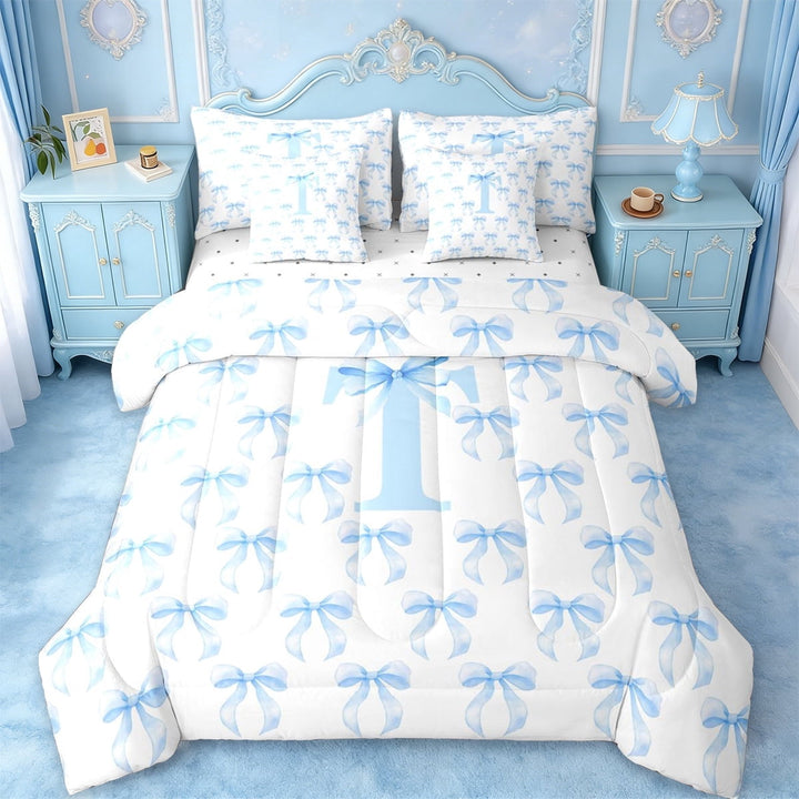 Erosebridal Blue Fashion Bowknot 7-Piece Twin Bedding Sets For Kids Girls,Letter T Initial Lettering Bedding Comforter Set,Reversible