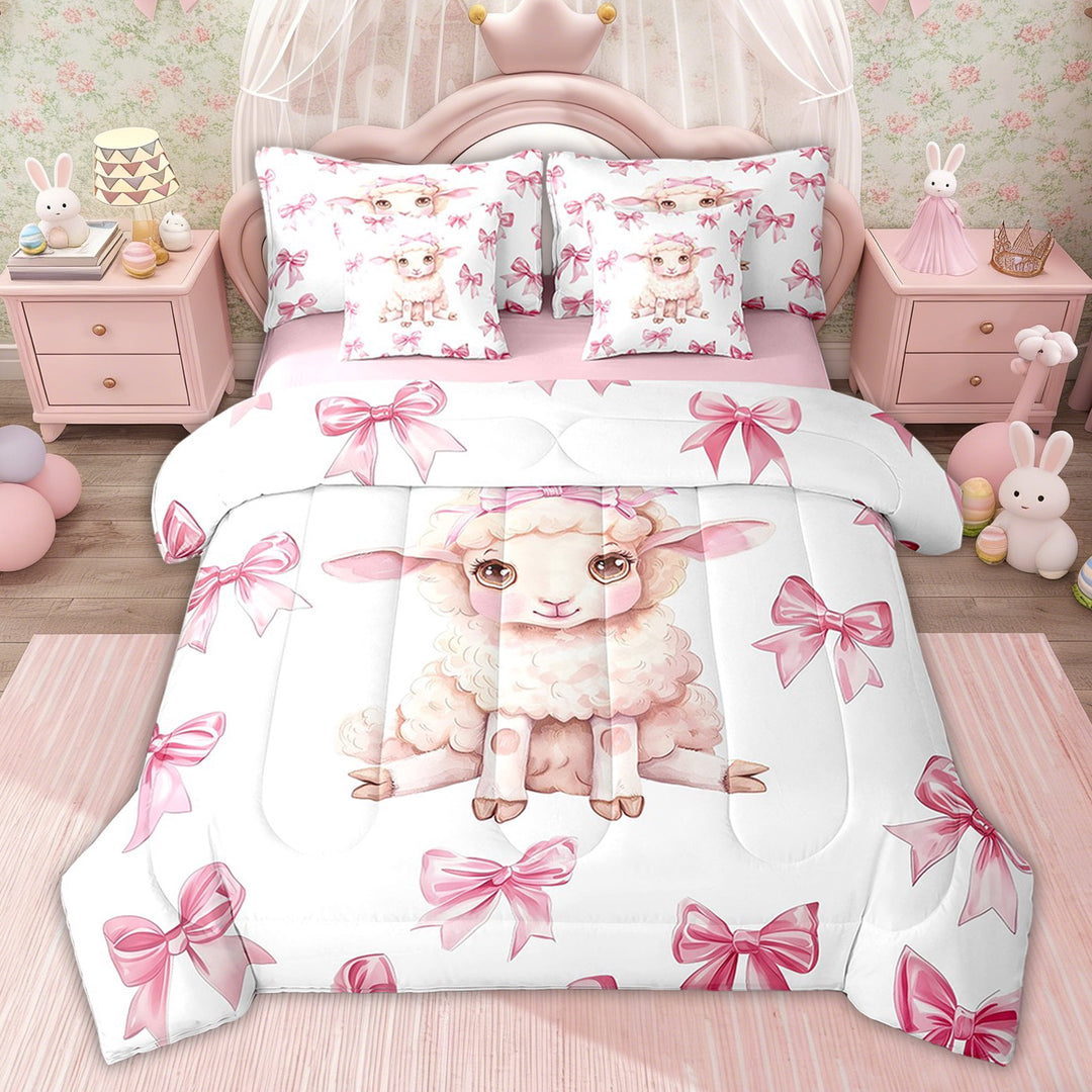 Erosebridal Princess Bowknot Bedding Sets Twin with Comforter, Kawaii Sheep Bedding Set, Cartoon Pet Decor, Pink Reversible 7pcs