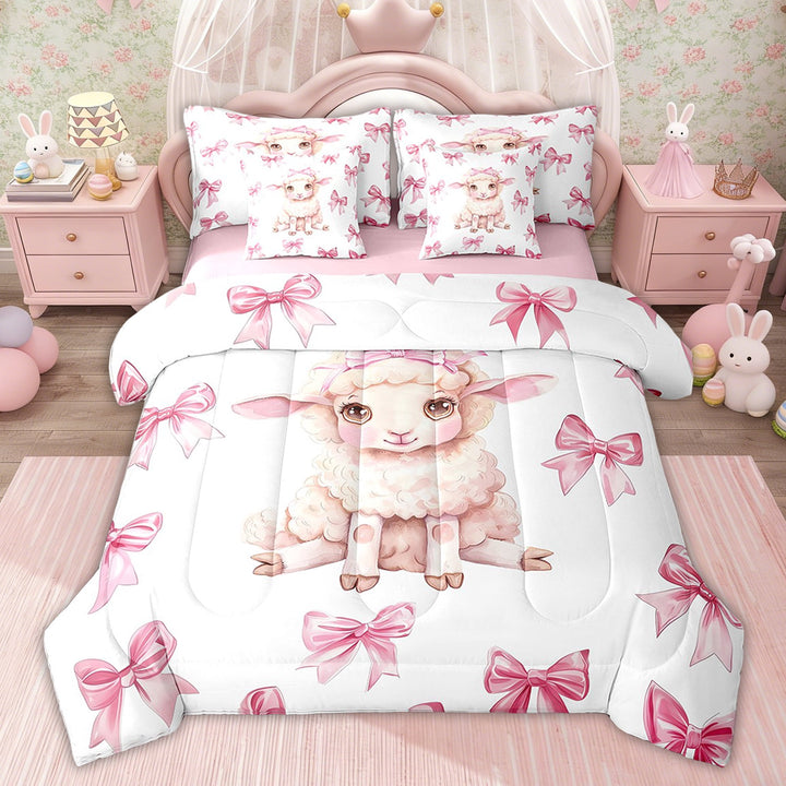 Erosebridal Princess Bowknot Bedding Sets Twin with Comforter, Kawaii Sheep Bedding Set, Cartoon Pet Decor, Pink Reversible 7pcs