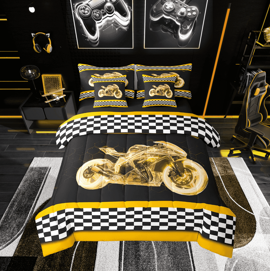 Erosebridal Dirt Bike Bedding Twin Size, Sports Game Decor Bedding Sets Twin Size, Geometric Decor, Reversible 7 Pieces