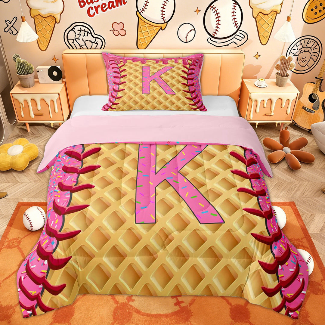 Erosebridal Pink Initial K Twin Comforter Sets for Kids, Cute Ice Cream Drip Bedding Set, 2pcs