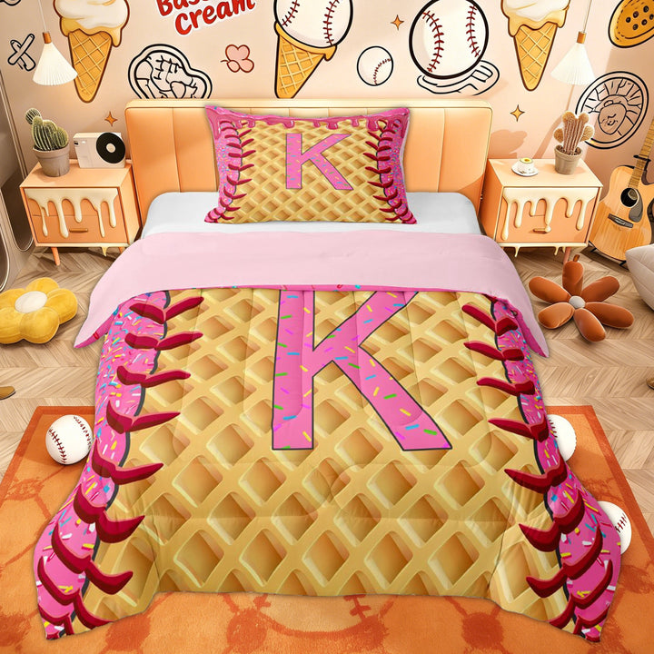 Erosebridal Pink Initial K Twin Comforter Sets for Kids, Cute Ice Cream Drip Bedding Set, 2pcs
