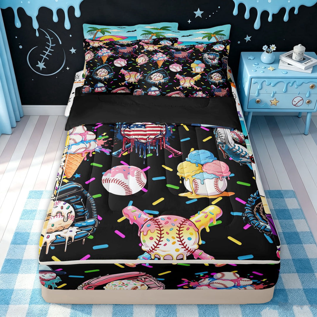 meiyoeat Cute Baseball US Flag Zipper Twin Comforter Sets with Fitted Sheet and 2 Pillowcases for Boys, Sprinkle Ice Cream Drip Zipper Bedding Set, Black Reversible, 4pcs