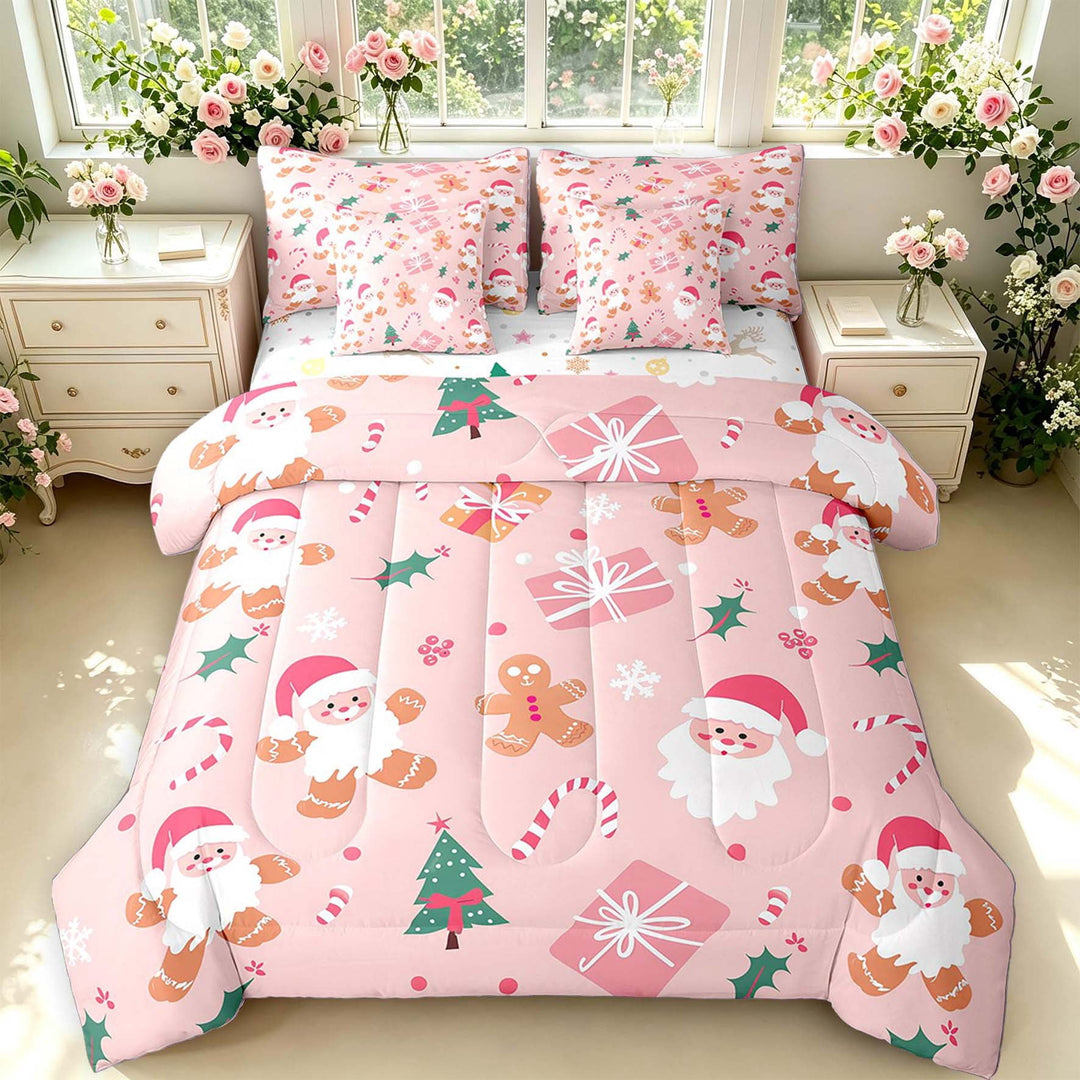 Manfei Cute Christmas Gingerbread Men 7 Pieces Full Size Bedding Sets,Cartoon Santa Claus Full Size Bed in a Bag,Pink,Christmas Reversible