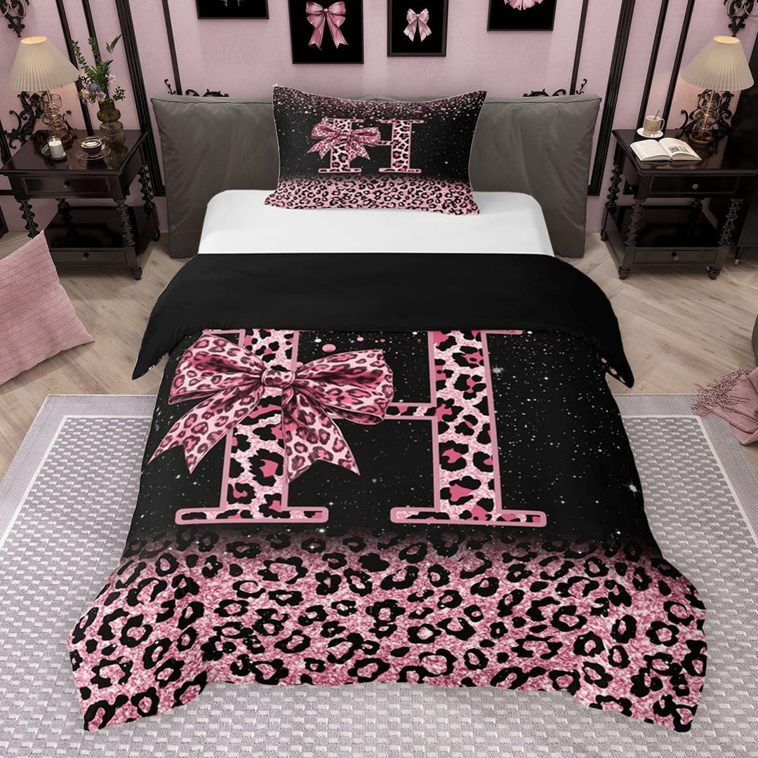 Erosebridal Cute Pink Leopard Print Twin Bedding for Girls, Bowknot Letter H Duvet Cover Set, Black Reversible 2 Pieces, 1 Duvet Cover and 1 Pillowcase (No Comforter)