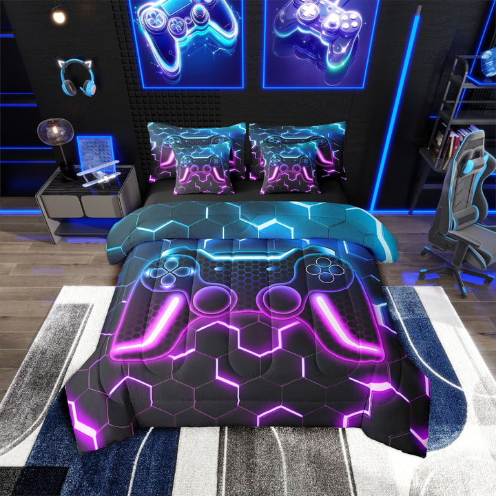 Erosebridal Purple Gamepad Bedding Sets Twin Size,Honeycomb Hexagon Comforter Sets with Sheets,Teens Bedroom Decor,Reversible,Breathable,7-Piece