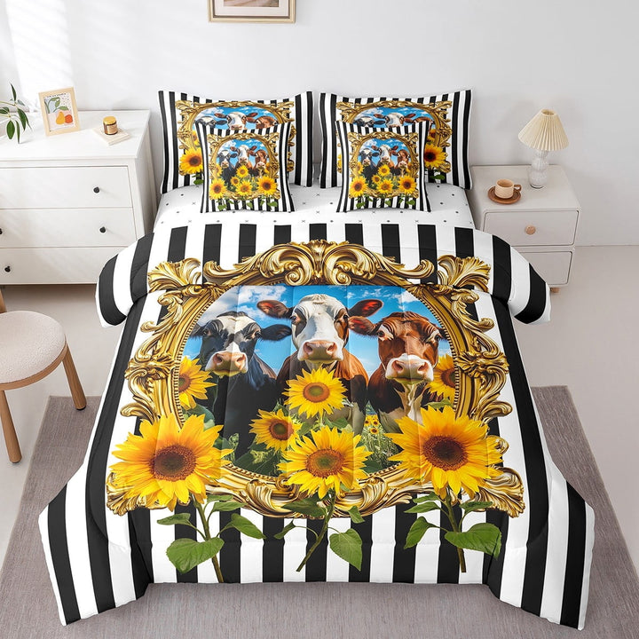 Erosebridal Rustic Cow Bedding Sets Twin Size, Sunflower Comforter Sets with Sheets, Stripe Decor, 7 Pieces