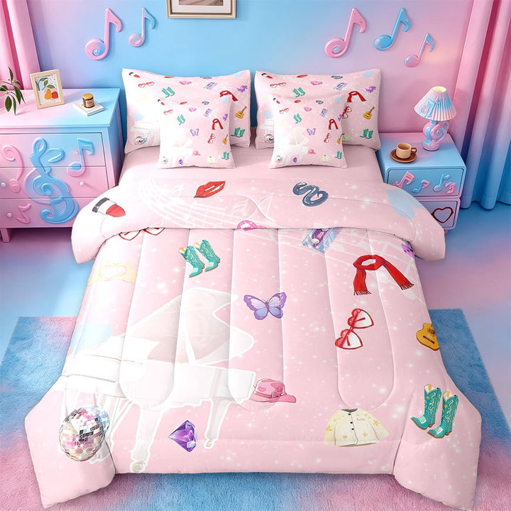 Erosebridal Girls Boots Scarf Bedding Twin Size,Music Instrument Piano Comforter Sets with Sheets,Pink Galaxy Starry Sky Bedding Sets Twin Size,Super Cozy Room Decoration Reversible,7pcs