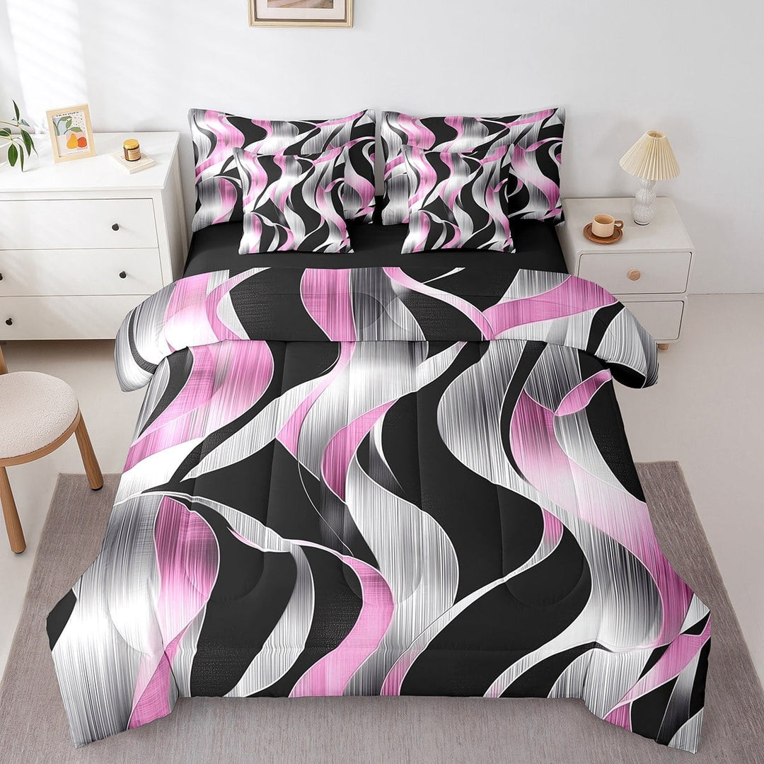 Erosebridal Geometric Lines Bedding Sets Twin Size,Spiral Swirl Comforter Sets with Sheets,Black Pink Bed in a Bag Twin size,Ultra Soft Abstract Room Decorative,Reversible,7pcs