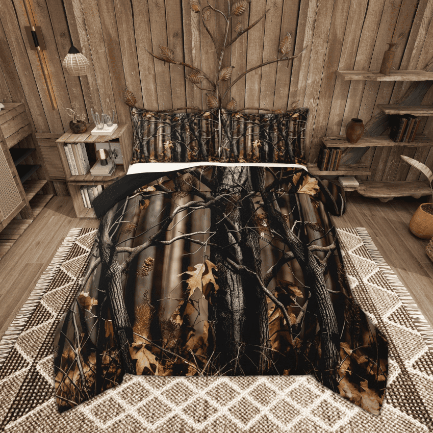 Manfei Branches Print Bedding Sets Toddler with Comforter, Autumn Fallen Leaves Duvet Insert, Black Brown Comforter Sets Toddler Size, Ultra Soft Room Decorative, 2pcs Reversible
