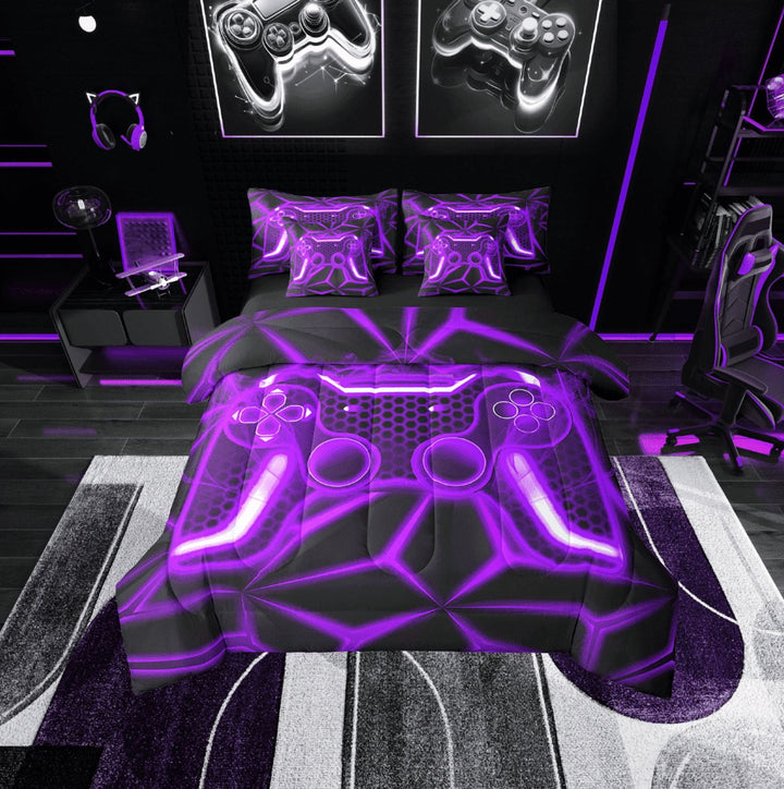 Erosebridal Purple Gamepads Bedding Sets Twin Size,Video Game Comforter Sets with Sheets,Geometric Plaid Bed in a Bag Twin size,Microfiber Male Bedroom Decor,Reversible,7pcs