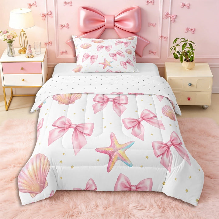 Erosebridal Teens Princess Ribbon Bowtie Twin Comforter Sets 3-Piece,Girls Sea Pink Starfish Seashell Bedding Set,Microfiber Bedroom Decor