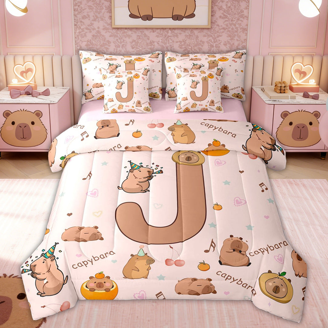 Erosebridal Kawaii Capybara Kid Twin Bedding Sets, Brown J Letter Bedding Comforter Set, Pink Reversible, 7 Pieces
