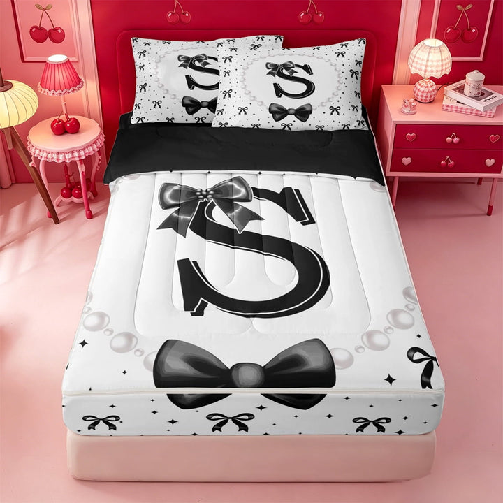 meiyoeat Ribbon Bow Letter Print Zipper Full Size Comforter Sets with Fitted Sheet and 2 Pillowcases For Girls,Black Bowtie Monogram S Zipper Bedding Set For Kids,Black Reversible,4-Piece