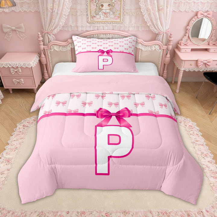 Erosebridal Pink Bow Letter P Twin Comforter Sets for Girls, Cute Princess Bowknot Bedding Set, Pink Reversible, 2pcs