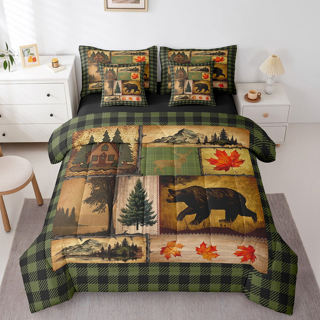 Country Bear Queen Comforter Set 7 Pcs,Green Black Buffalo Grid Tartan Quilt for Teens,Christmas Animals Bed Set,Woodland Western Barn Sheet Set,Camp Hunting Wildlife Bedding Set