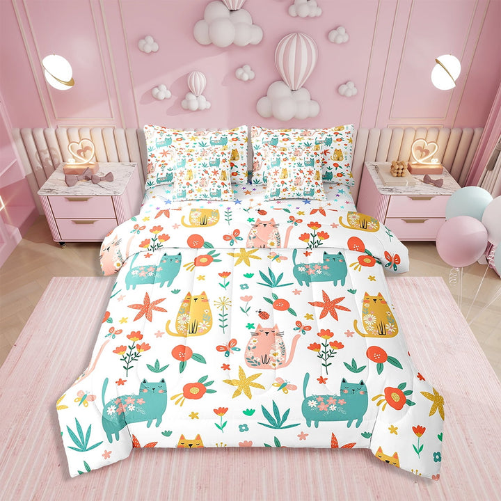 Erosebridal Cat Bedding Set Twin Size Cats Print Comforter Set With Sheets7 piece Cute Kitten Leaf Bed in a Bag for Botanical Leaf Green Bed Set with Comforter,Sheets,Pillowcases