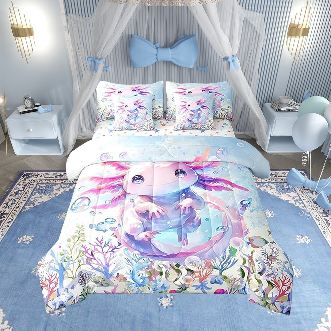 Erosebridal Cute Axolotl Full Size Comforter Sets for Kids, Ocean Sealife 7 Pieces Bedding Sets Kawaii Girls Bed in A Bag Cartoon Salamander Bed Set