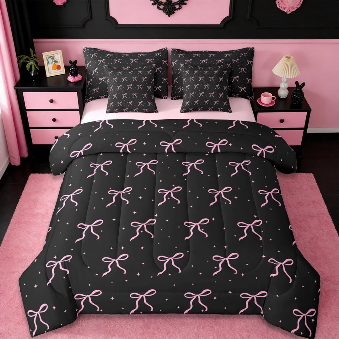 Erosebridal Cute Bow Knot 7-Piece Twin Bedding Sets For Girl Kids,Ribbon Bowtie Pink Bows Bedding Comforter Set,Reversible