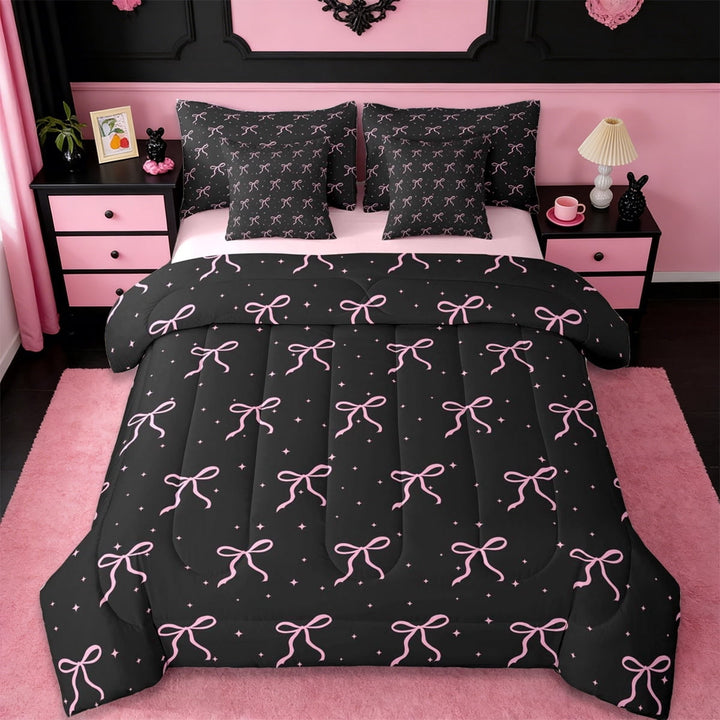Erosebridal Cute Bow Knot 7-Piece Twin Bedding Sets For Girl Kids,Ribbon Bowtie Pink Bows Bedding Comforter Set,Reversible