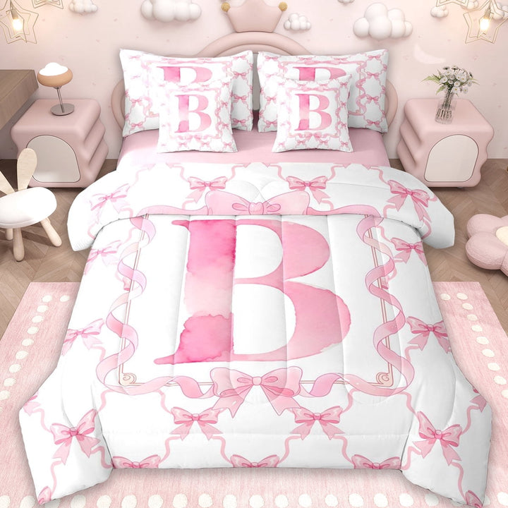 Erosebridal Girls Pink Bowknot 7-Piece Twin Bedding Sets,Initial Alphabet B Bedding Comforter Set For Kids,Reversible pink