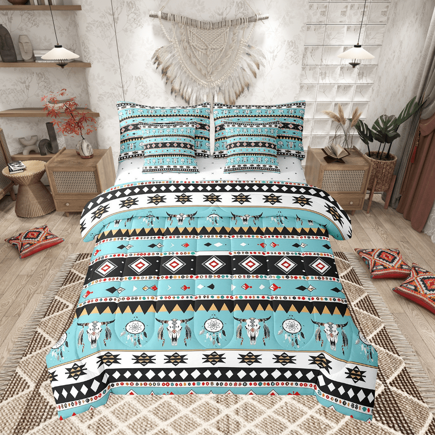 Longhorn Skull Bed in a Bag Queen Comforter Set 7 Piece,Geometric Aztec Bedding Sets,Dream Catchers Sheet Set with Comforter Southwestern Bed Set,Geometry Diamond Triangle Western Decor for Home