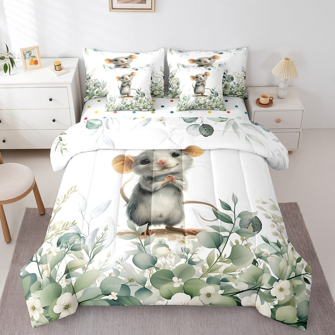 7-Piece Cute Mouse Bedding Twin Green Eucalyptus Comforter Set, Kawaii Animal Bedding Comforter Sets Botanical Plant Leaves Bed in a Bag, Cartoon Mice Bedding Accessories