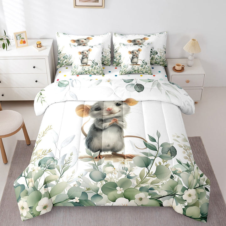 7-Piece Cute Mouse Bedding Twin Green Eucalyptus Comforter Set, Kawaii Animal Bedding Comforter Sets Botanical Plant Leaves Bed in a Bag, Cartoon Mice Bedding Accessories