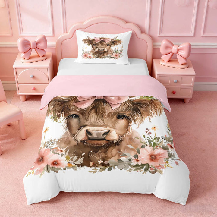 Erosebridal Watercolor Highland Cow Pink Bow Twin Bedding for Girls, Brown Pink Floral Duvet Cover Set 2pcs, 1 Duvet Cover and 1 Pillowcase