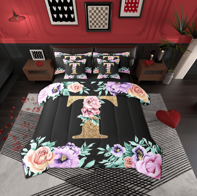Erosebridal Initial A to Z Letter Bed in a Bag, Monogrammed T Bed Set, Retro Flower Reversible Comforter Sets, Super Cozy Room Decoration, 7pcs