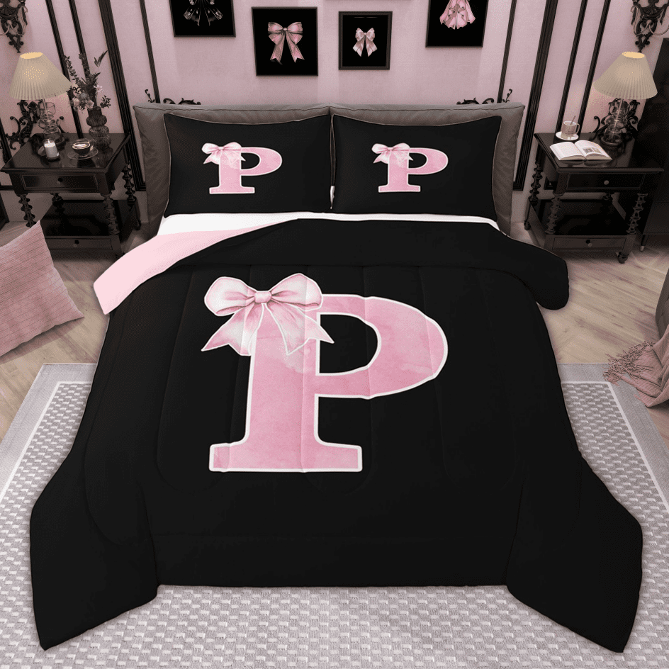 Manfei Monogrammed Girl Bedding Comforter Set, Personalized Initial P Twin Comforter Sets, Princess Bow Knot Bedding Set, Black Pink Bedroom Decor, Reversible 2 Pieces