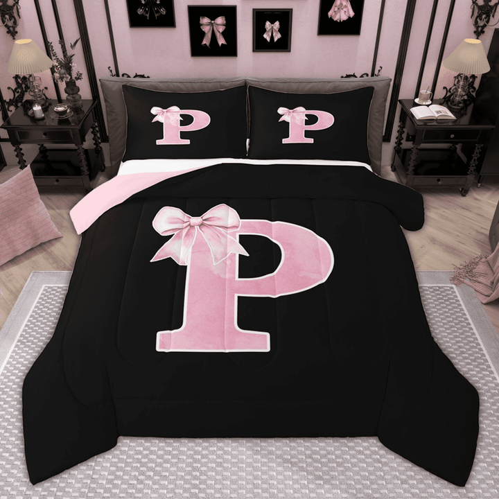 Manfei Monogrammed Girl Bedding Comforter Set, Personalized Initial P Twin Comforter Sets, Princess Bow Knot Bedding Set, Black Pink Bedroom Decor, Reversible 2 Pieces