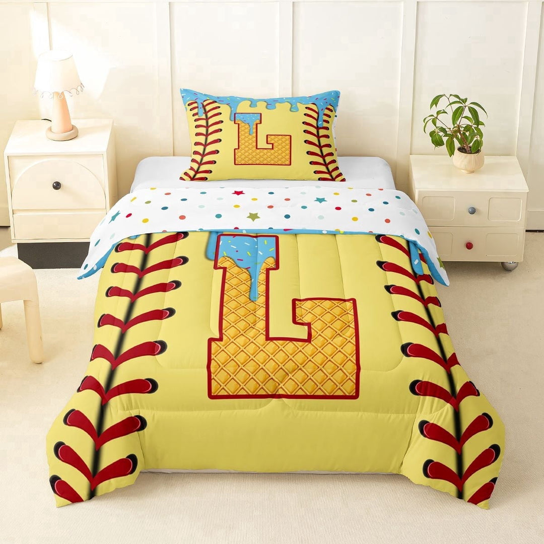 Erosebridal Light Blue Dripping Baseball Stitch &amp; Waffle Letter L Graphic Twin Comforter Sets 3-Piece, Alphabet Graphic Bedding Set for Boys And Girls Kids,Lightweight Room Decor