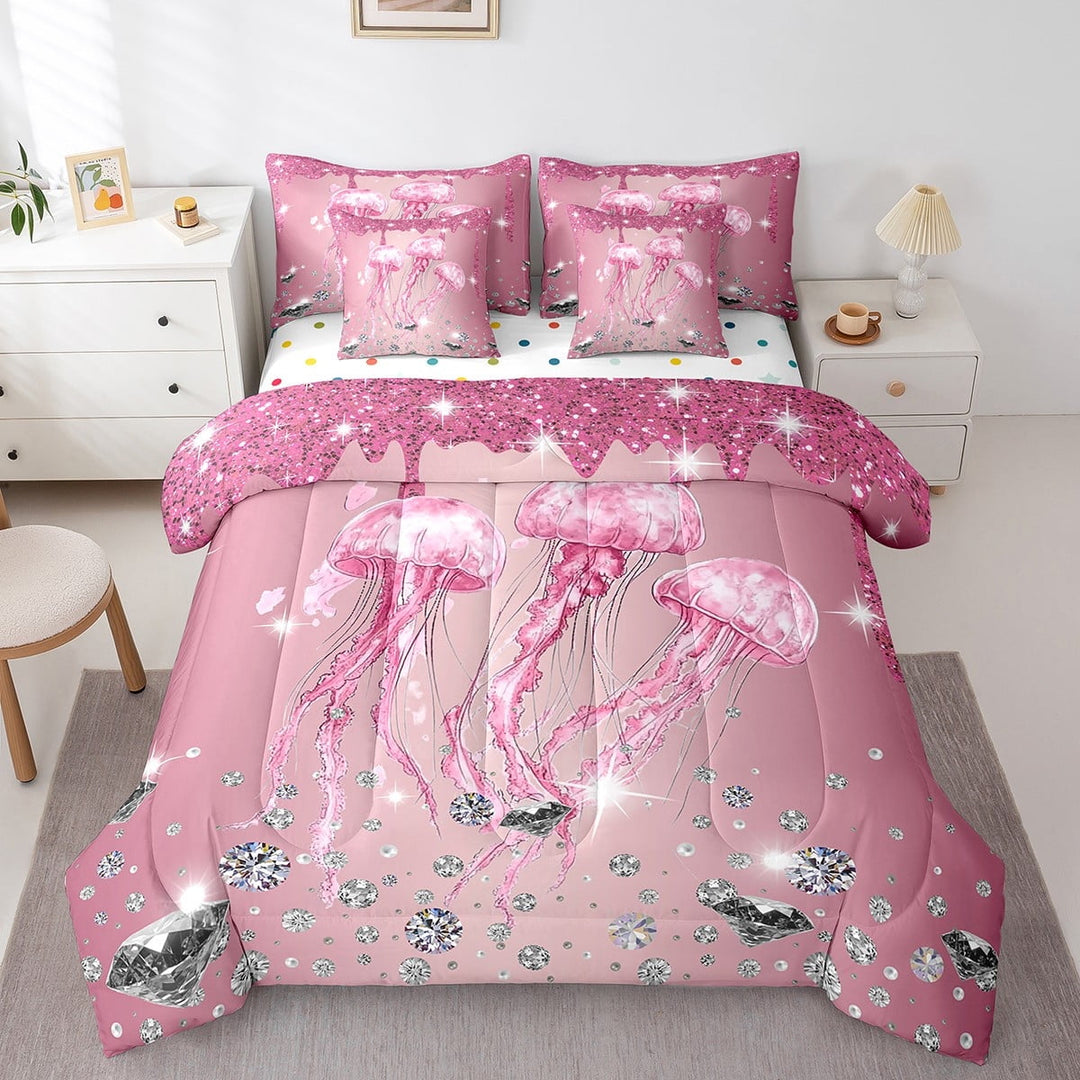 Jellyfish 7 Piece Comforter Set Full Bed in a Bag,Sequin Fluid Art Comforter and Sheet Set,Crystal Diamond Bedding Set,Nautical Sea Animal Bed Set Ocean Coastal Creature Pink Room Decor