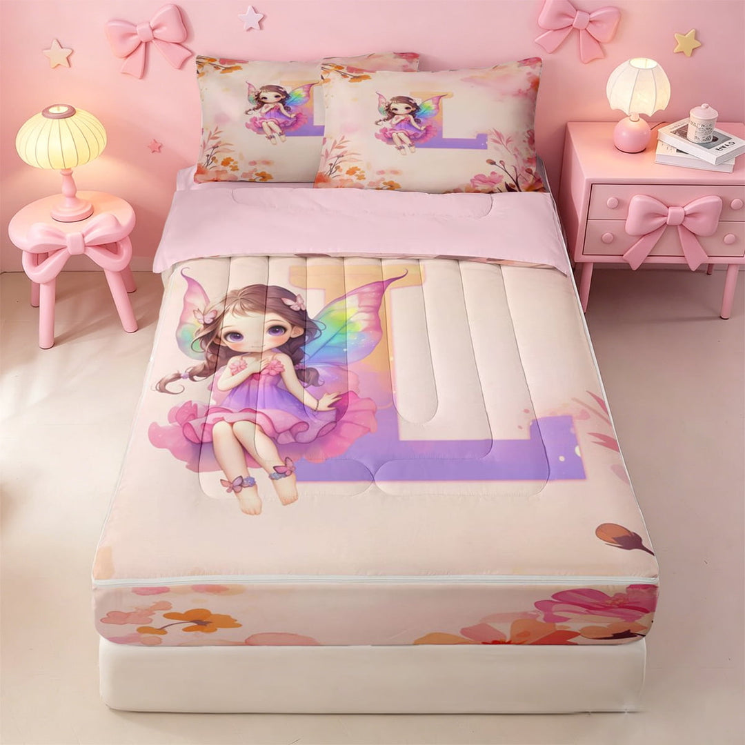 meiyoeat Rustic Flower Monogrammed L Zipper Twin Comforter Sets with Fitted Sheet and 2 Pillowcases,Kawaii Girls Zipper Bedding Set For Girl,Pink Reversible,4 Pieces