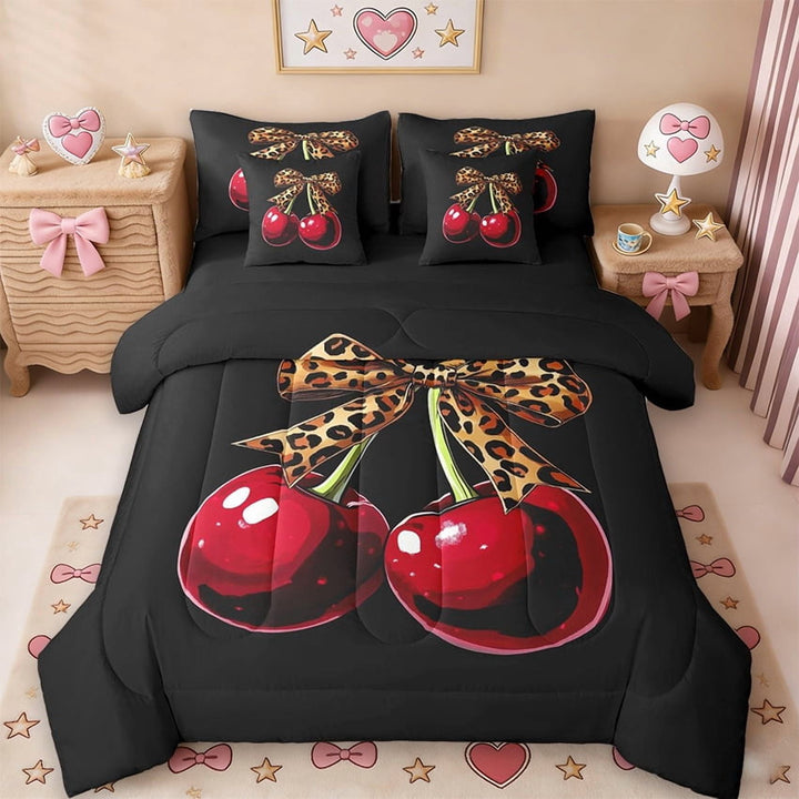 Erosebridal Girls Cute Bowknot Cherry Kids 7-Piece Twin Bedding Sets,Leopard Cheetah Print Bowtie Bedding Comforter Set For Bowknot Lovers,Reversible Black