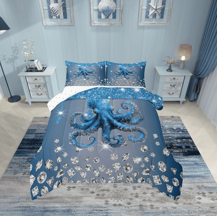Erosebridal Marine Octopus Bedding Sets Twin with Comforter, Ocean Sealife Duvet Insert, Bling Diamond Reversible Down Comforter, Super Cozy Room Decor, 2 Pieces